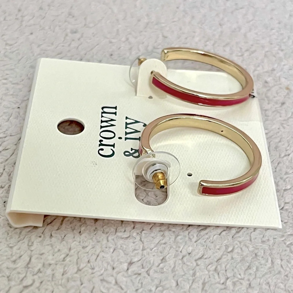 Crown & Ivy Gold-Tone and Red Hoop Earrings - Picture 4 of 5